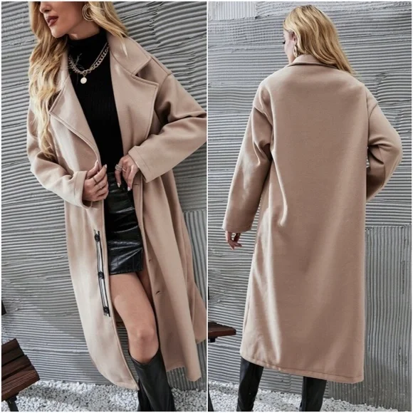 Cozy Tan Button up Trench Coat Jacket Winter Oversized - Picture 2 of 3
